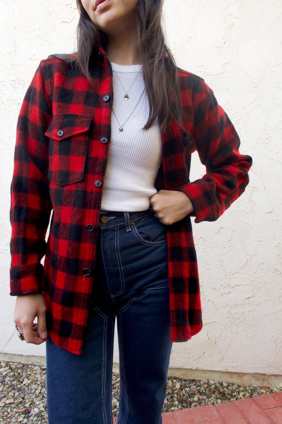 Vintage Woolrich Wool Buffalo Plaid Button-up Fla… - image 3