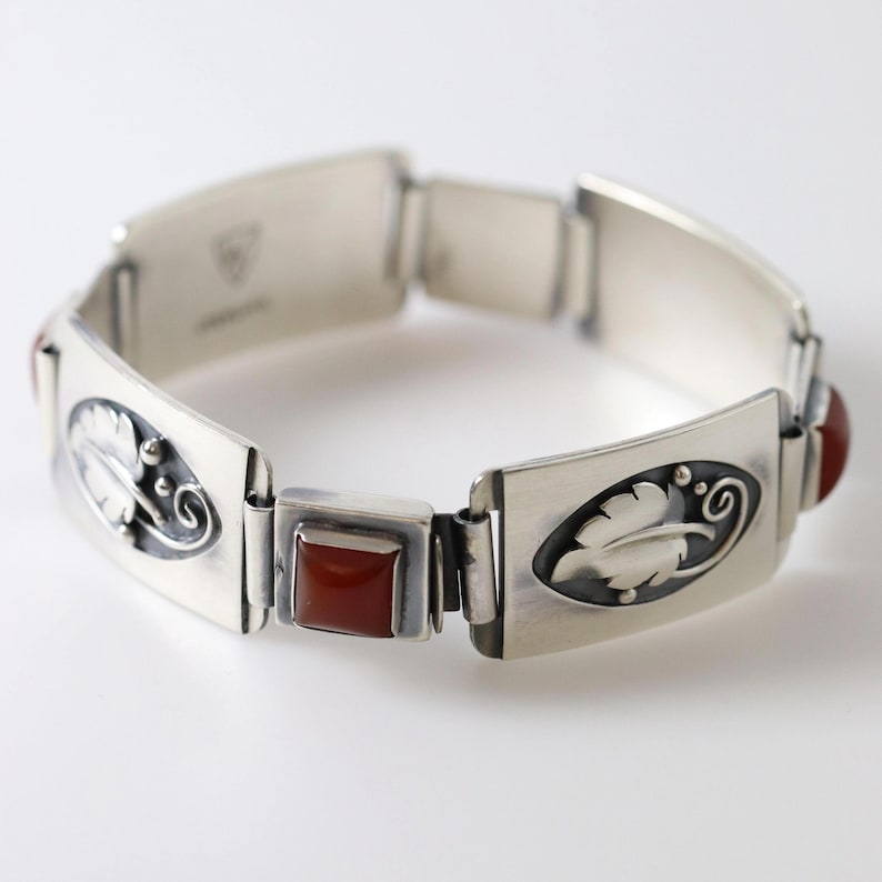 Vintage Lawrence Foss Silver Jewelry | Foliate and Carnelian Bracelet - Carmel FSJ