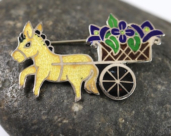 Jeronimo Fuentes Burro and Cart Enamel Brooch | Vintage Sterling Silver | Taxco Mid-Century Pin