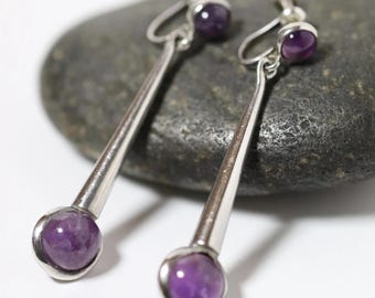 Los Castillo Rare Modernist Amethyst Dangle Earrings | Sterling Silver Vintage Jewelry | Mid-Century Modernist Mexico