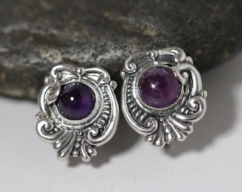Aretes de amatista ornamentados de Margot de Taxco / Joyería vintage de plata esterlina / Mediados de siglo, Taxco, México