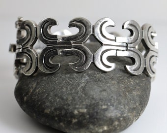 Chunky Mexican Curved Panel Bracelet | Vintage Sterling Silver | Signed CII