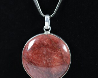 Large Round Red Stone Necklace Pendant | Vintage Sterling Silver | 24" 4mm Herringbone Chain