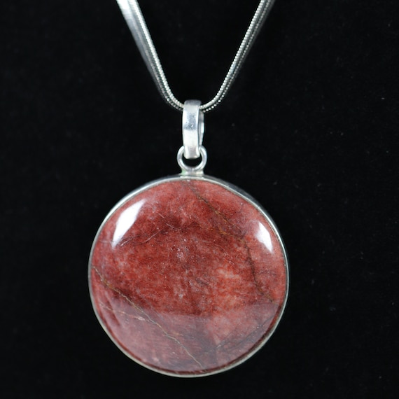 Large Round Red Stone Necklace Pendant Vintage Sterling Silver 24