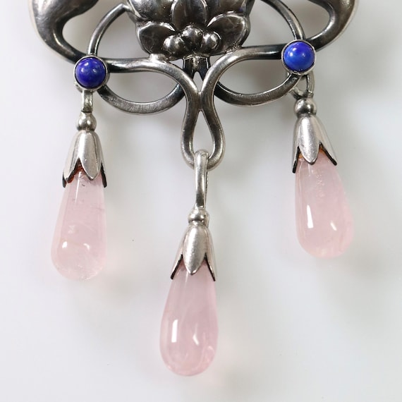 Rare Georg Jensen Pink Quartz Lapis Lazuli Brooch… - image 3