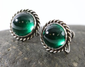 Los Castillo groen glazen geschroefde oorbellen | Vintage sterlingzilveren vintage sieraden | Taxco Mexico uit het midden van de eeuw