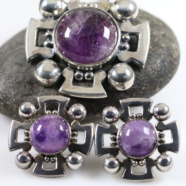 Fred Davis Large Amethyst Brooch and Earring Set | Vintage Sterling Silver | Taxco Mid-Century Mexico