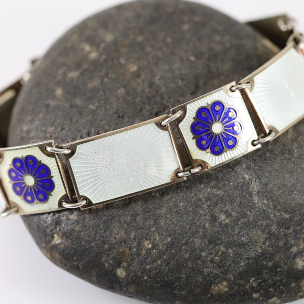 David Andersen Enamel Bracelet | Vintage Sterling Silver| Guilloche White and Blue Panel Bracelet Norway