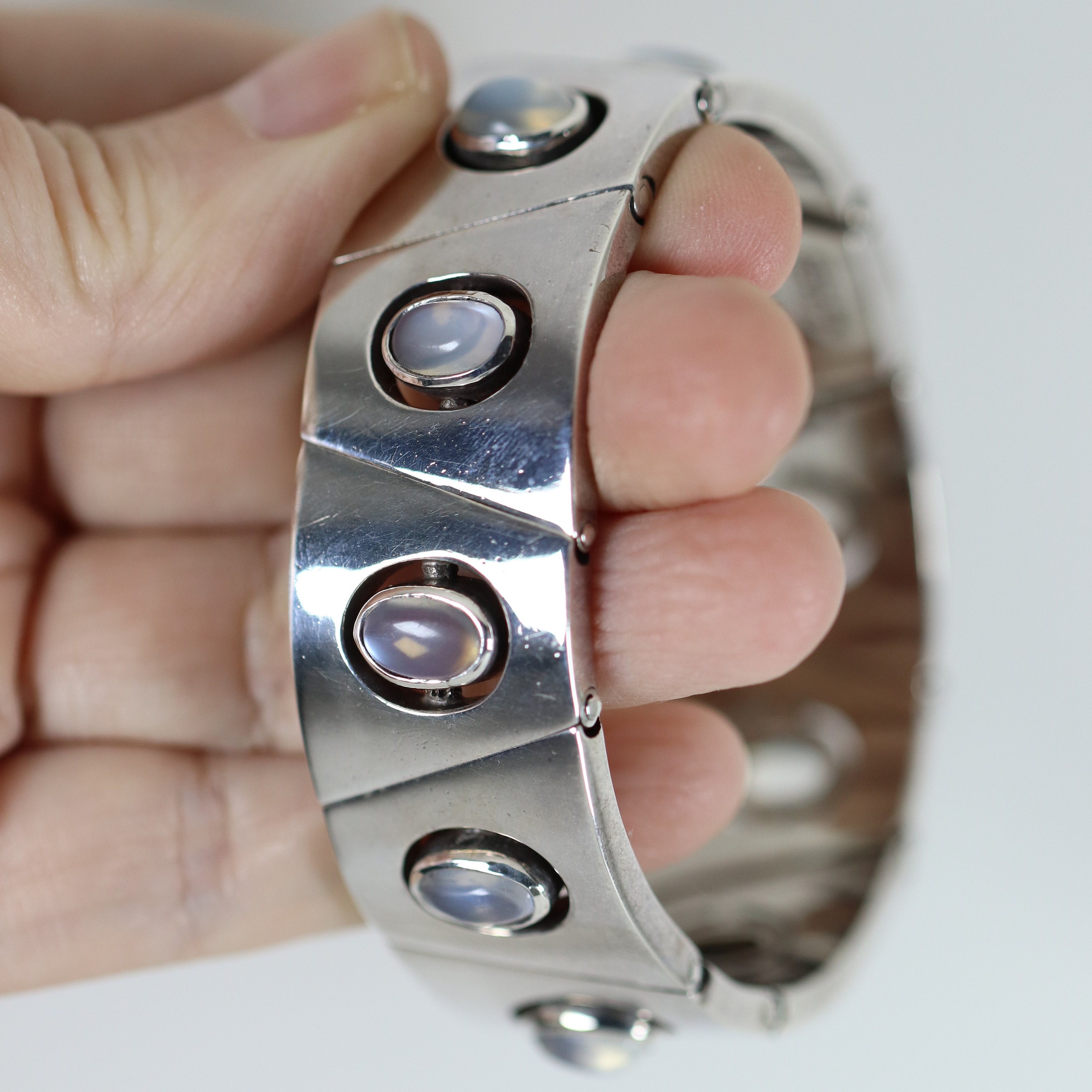 Antonio Pineda Taxco Geometric Moonstone Bracelet Vintage Sterling Silver  970 Silver Mid-century Modernist 