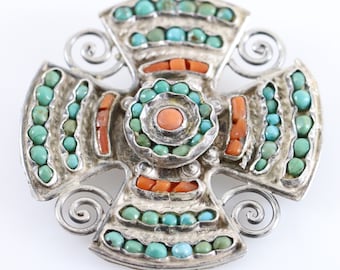 Broche mexicano artesanal MATL / Plata de ley vintage / Broche de turquesa y coral de Matilde Poulat