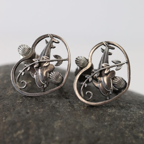Arno Malinowski Georg Jensen Sterling Silver Dolphin Heart Earrings