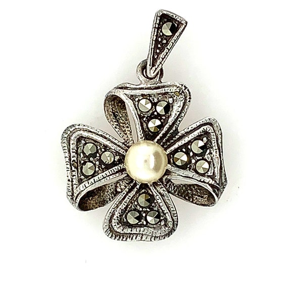 Marcasite and Pearl Bow Pendant | Vintage Sterlin… - image 3