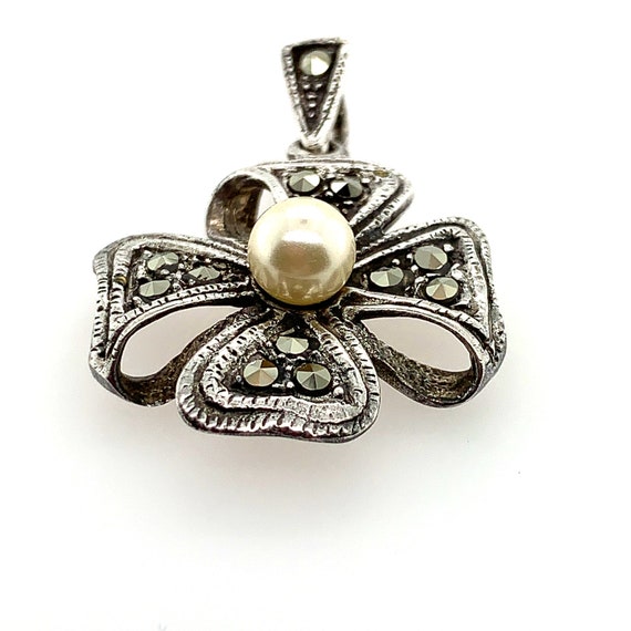 Marcasite and Pearl Bow Pendant | Vintage Sterlin… - image 7