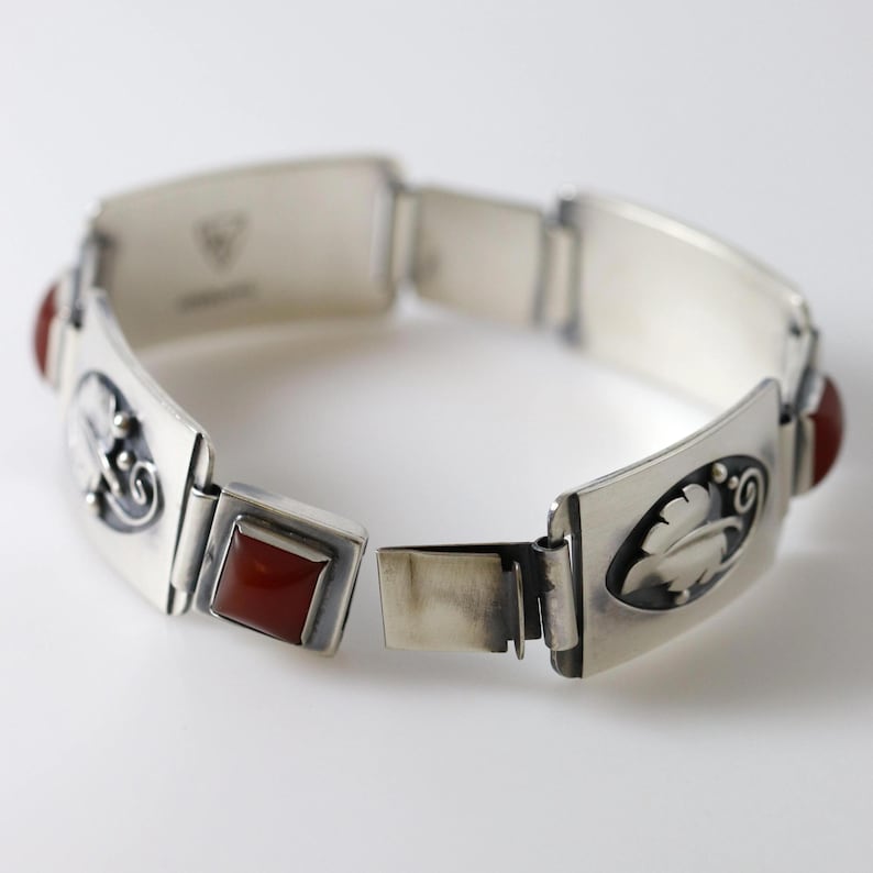 Vintage Lawrence Foss Silver Jewelry | Foliate and Carnelian Bracelet - Carmel FSJ