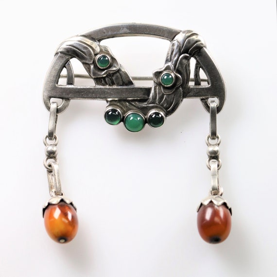 Rare Georg Jensen Amber and Malachite Brooch 8 | A