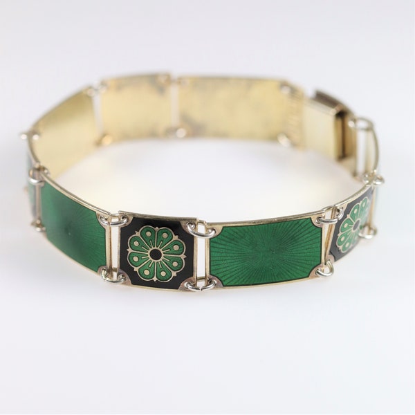 David Andersen Green Enamel Panel Bracelet | Vintage Sterling Silver