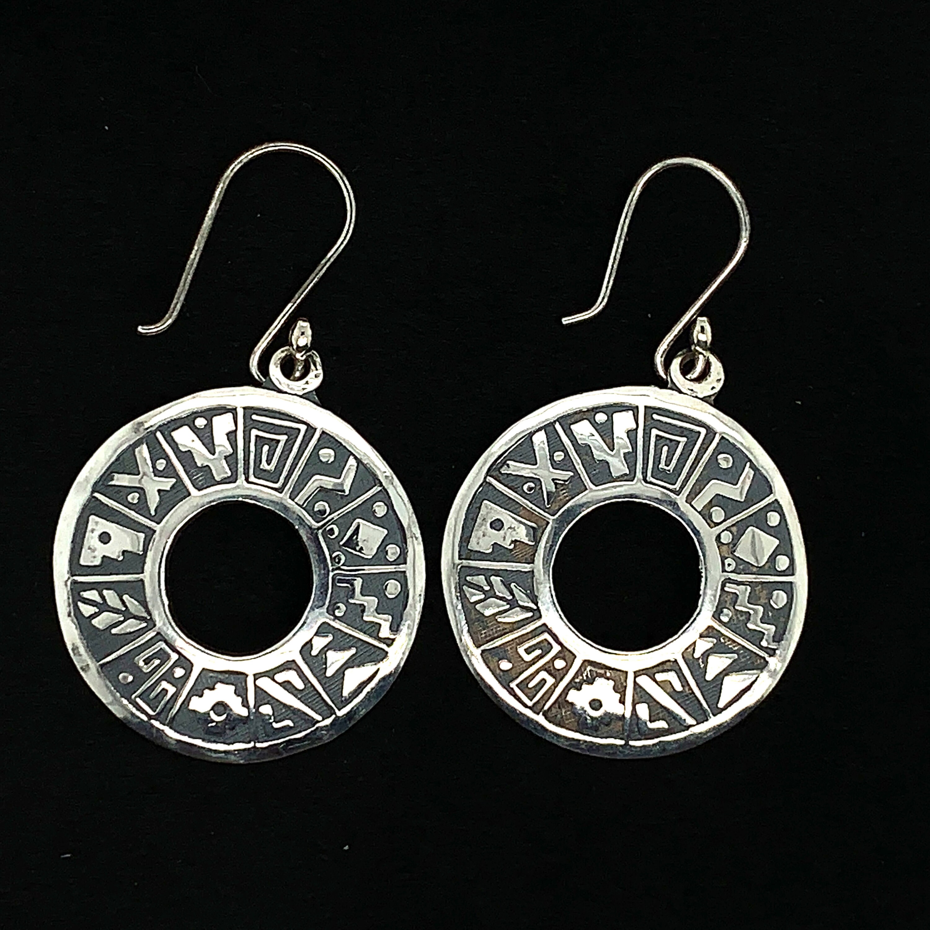 Round Dangle Peruvian Hieroglyphics Earrings Vintage