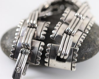Taxco Hector Aguilar Fringe Trimmed Panel Bracelet | Vintage Sterling Silver | Signed Mid Century Mexico