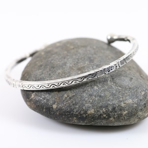 Etched Symbol Solid Bracelet | Vintage Sterling Silver | Etched Cuff with Round Head Terminations
