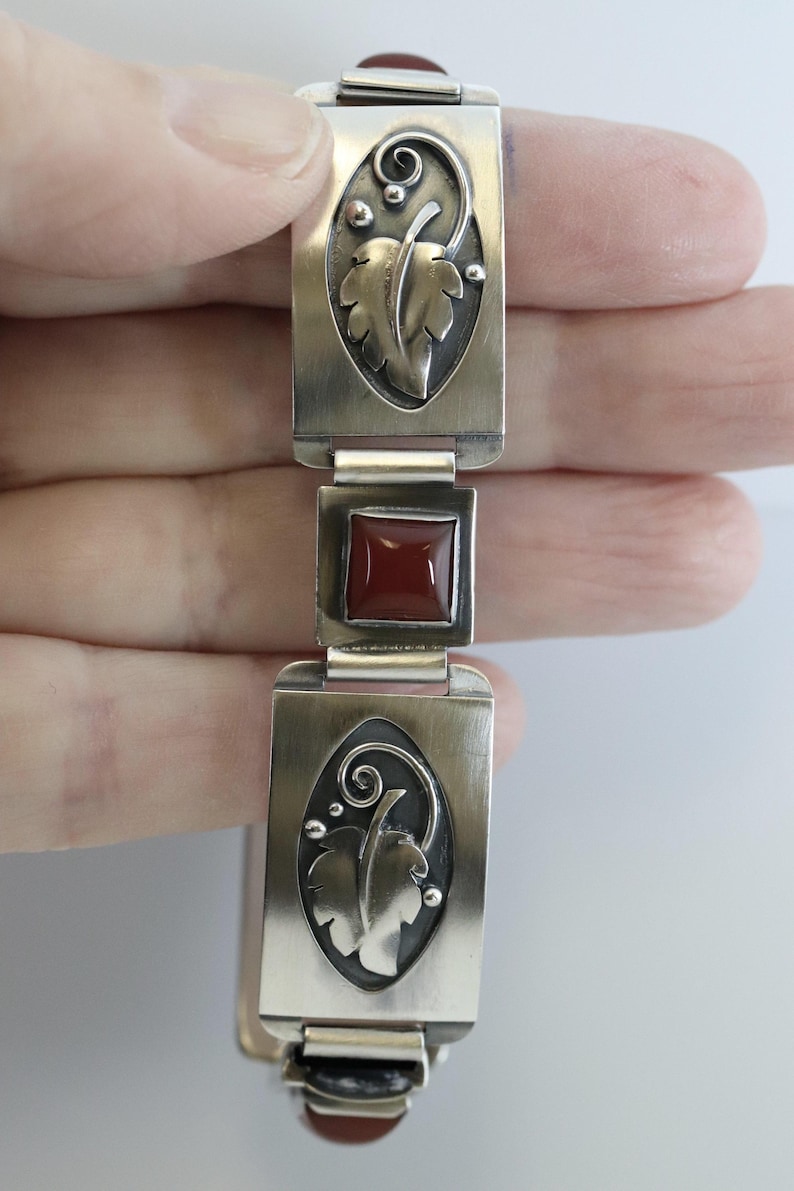 Vintage Lawrence Foss Silver Jewelry | Foliate and Carnelian Bracelet - Carmel FSJ