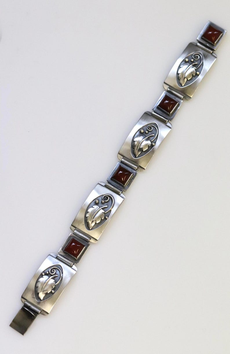 Vintage Lawrence Foss Silver Jewelry | Foliate and Carnelian Bracelet - Carmel FSJ