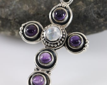 Croce in pietra di luna e ametista / Argento sterling vintage / Catena con perline da 20"