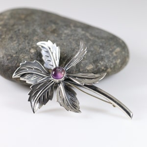 Broche de flor de amatista de Taxco / Broche de plata esterlina vintage / Broche de plata mexicano de mediados de siglo