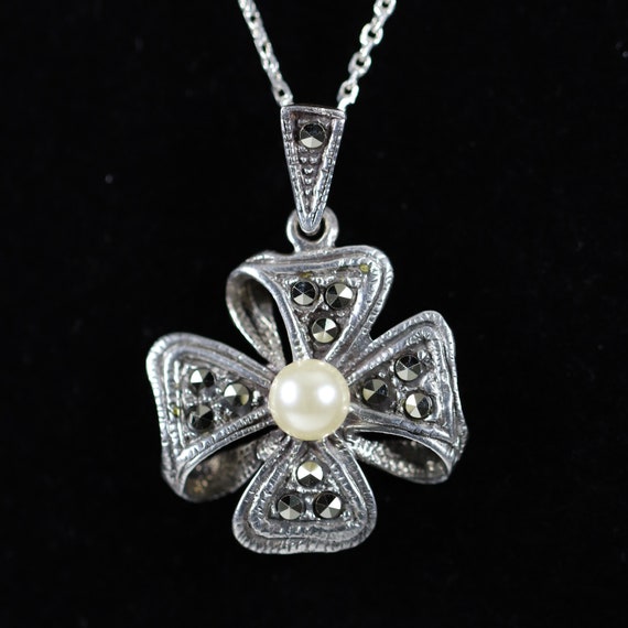 Marcasite and Pearl Bow Pendant | Vintage Sterlin… - image 1
