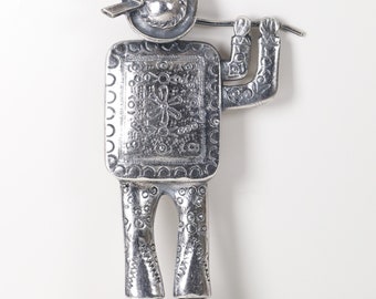 Large Flute Player Brooch | Vintage Sterling Silver | Artisan Hand Crafted Pin