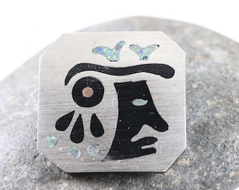 Taxco Warrior Brooch | Vintage Sterling Silver | Inlay Onyx and Turquoise Mid Century Mexico
