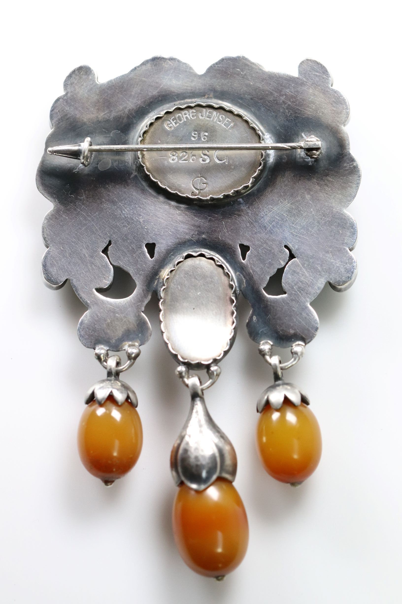 Broche GEORG JENSEN Vintage En Argent Sterling #105 Avec Ambre - Danemark/Japon