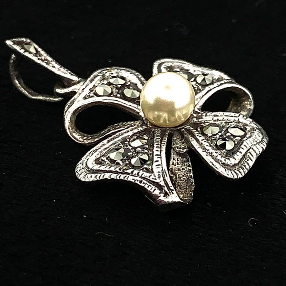 Marcasite and Pearl Bow Pendant | Vintage Sterlin… - image 4