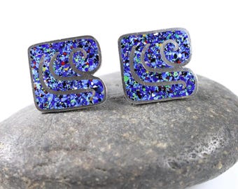 Margot de Taxco Cufflinks: Blue Confetti Enamel Sterling Silver, Mid-Century Mexico
