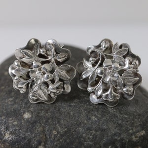 Floral Ornate Screwback Earrings | Vintage Sterling Silver | Mid-Century
