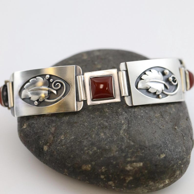 Vintage Lawrence Foss Silver Jewelry | Foliate and Carnelian Bracelet - Carmel FSJ