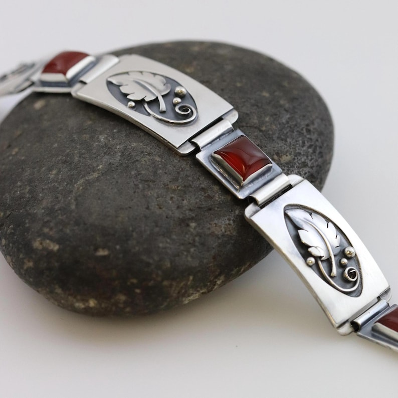 Vintage Lawrence Foss Silver Jewelry | Foliate and Carnelian Bracelet - Carmel FSJ