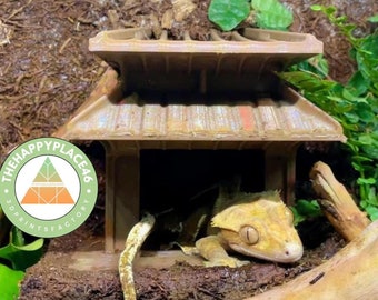 May include: A crested gecko peeks out from a miniature, weathered-looking pagoda-style hideaway. The gecko is light yellow and brown, with large eyes. The hideaway is surrounded by greenery and a large piece of driftwood. The Happy Place 46 logo is in the corner.