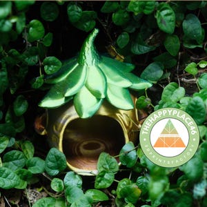 May include: A decorative birdhouse with a golden base and a green, leaf-shaped roof, set amongst green foliage. The birdhouse has a natural, inviting appearance. The Happy Place 46 logo is visible.