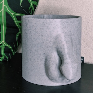 Puede incluir: Un macetero de cerámica gris con una superficie texturizada y un diseño esculpido que se asemeja a una figura humana. El macetero está vacío y listo para ser llenado con plantas.