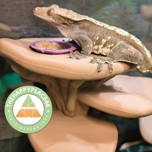 Puede incluir: Un hábitat para reptiles de varios niveles, de color beige, con un gecko en la parte superior. Un pequeño cuenco morado se encuentra en el nivel superior. El hábitat tiene un diseño en forma de hongo. El logotipo de "THEHAPPYPLACE46 3DPRINTSFACTORY" está en la esquina inferior izquierda.