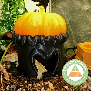 Puede incluir: Un escondite para reptiles impreso en 3D con forma de calabaza, en negro y naranja. La parte superior de la calabaza es naranja y la base es negra con una abertura en forma de corazón. El logotipo de Happy Place 46 es visible.
