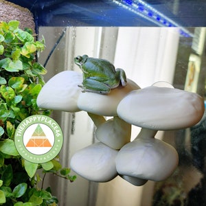 Könnte beinhalten: Ein grüner Laubfrosch sitzt auf einer weißen, pilzförmigen Plattform. Die Plattform ist Teil einer mehrstufigen Pilzstruktur. Der Hintergrund zeigt eine grüne, belaubte Pflanze und ein Logo mit der Aufschrift "The Happy Place 46 3D Print Factory".