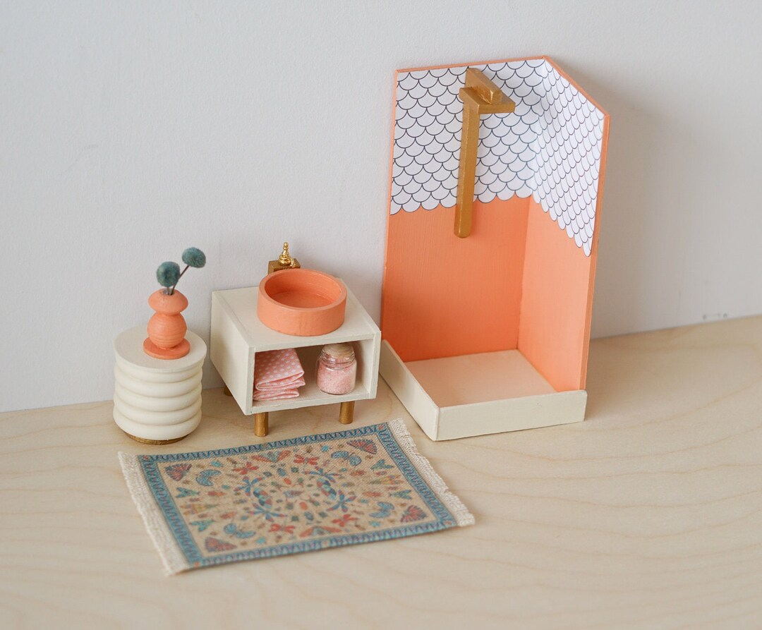 Miniature Bathroom Set for Dollhouse Wooden Toys 1:12 Coral - Etsy