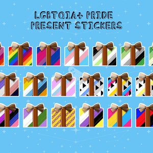 Puede incluir: Un conjunto de 30 pegatinas de regalo LGBTQIA+ Pride. Cada pegatina presenta un diseño diferente de bandera del orgullo con un lazo marrón en la parte superior de una caja de regalo blanca.