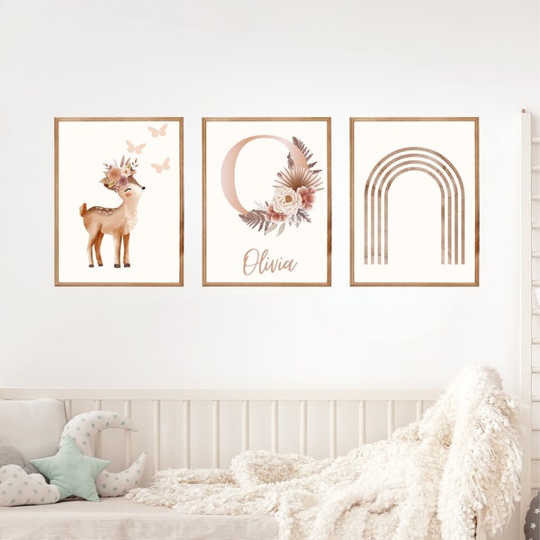 Wandbilder Kinderzimmer Poster Set | Babyzimmer Deko Bilder A4 | Regenbogen Rehkitz | Wall Art | Kunstdruck | Wanddeko Baby A4 PDF