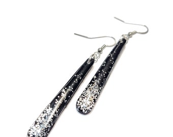 Black dangling earrings with glitter, handmade in polymer clay