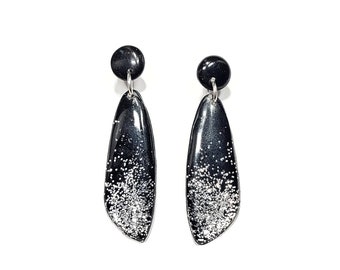 Black dangling ear studs with glitter, handmade in polymer clay