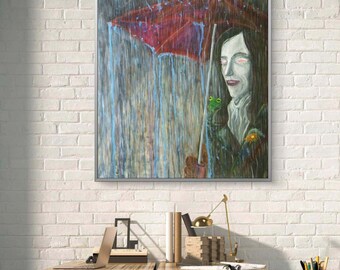 The Keeper of Rain – Surreal Portrait with Red Umbrella and Frog Companion - Unique painting