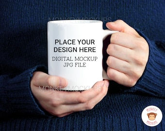 Woman Holding Mug Mockup - 11 oz Coffee Mug Mockup -  JPEG Instant Download - White Mug Photo Blue Sweater