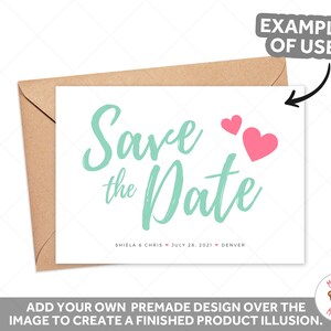 May include: A white card with the words "Save the Date" in a teal script font, with two pink hearts. The card is inside a brown envelope. The text "SHIELA & CHRIS JULY 28, 2021 DENVER" is below the main text.
